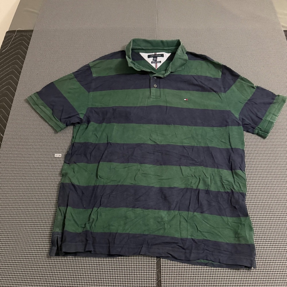Tommy Hilfiger Mens 3XL Slim Fit Stretch Polo Shirt Green Navy Blue Striped Logo